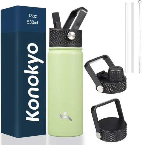 Miniatura 94 de Konokyo - Botella de agua aislada de 18 onzas, botellas deportivas de acero inoxidable con 3 tapas, verde militar