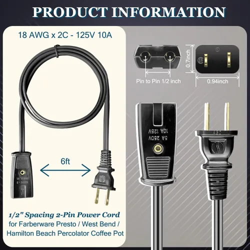 Miniatura 3 de HASMX Cable de alimentación de 1/2 pulgada de largo para Farberware y Presto Super Speed Coffee Pot Percolator de 1/2 pulgada - También para muchos
