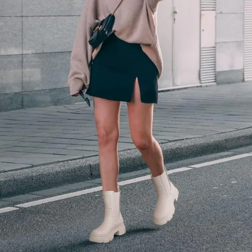 Miniatura 2 de YETIER Womens Mid Calf Platform Booties Lug Sole Elastic Leather Chelsea Boots Chunky Block Heel Non-Slip Combat Comfortable Booties
