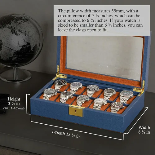 Miniatura 2 de ROTHWELL Caja de reloj de cuero con 10 ranuras, organizador de joyas de lujo, soporte para reloj con tapa de cristal grande, organizador de caja