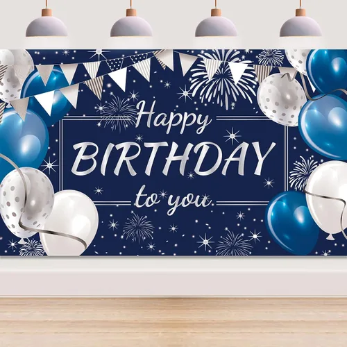 Miniatura 8 de Cartel de fondo de decoración de feliz cumpleaños, fondo de fotos para niños, niñas, hombres y mujeres, 72.8 x 43.3 pulgadas (azul marino y dorado)