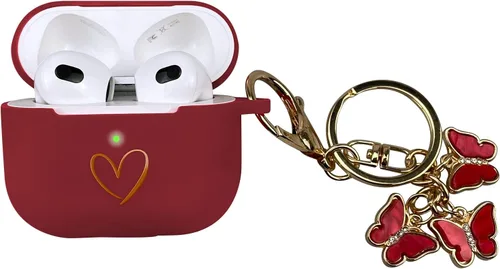 Miniatura 8 de Funda compatible con AirPods 3 2021, funda de silicona suave con patrón de corazón dorado para AirPods de 3ª generación con bonito llavero de Negro