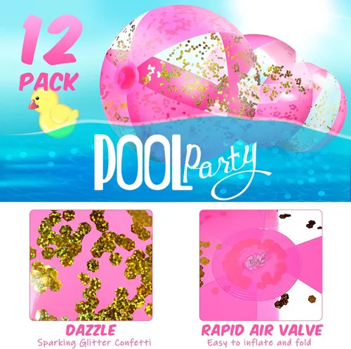 Miniatura 2 de Chivao 12 bolas de playa de color rosa intenso de 16 pulgadas inflables con purpurina grande para piscina, decoración de confeti flotante