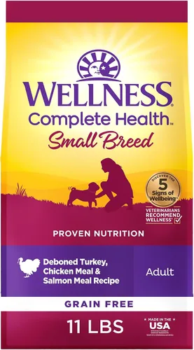 Miniatura 10 de Alimento seco para perros Wellness Complete Health, Raza pequeña, sin granos, natural, receta de pavo, pollo y salmón (bolsa de 1.8 kg)