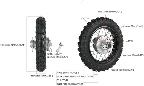 Miniatura 6 de Llanta Trasera de 2.50-10'' para Moto de Cross/Pit Bike, Llanta para Moto de Cross/Pit Bike de 110cc 90cc 70cc 50cc SUNL JOWAY Coo-lster PW50 TTR50
