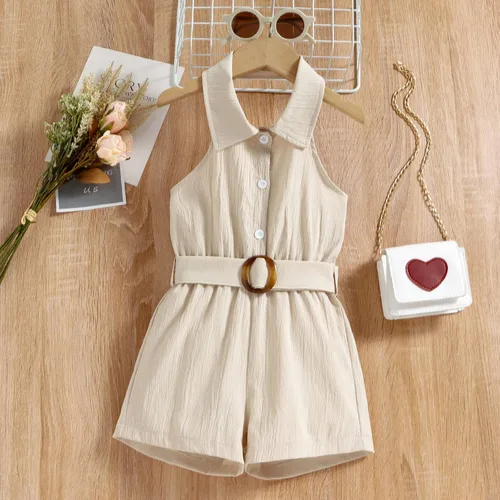 Miniatura 2 de Mameluco de verano sin mangas para niñas pequeñas, mono de lino y algodón sólido con cinturón, para madres y niñas (beige, 12-18 meses)