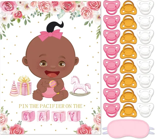 Miniatura 10 de Faccito Pin The Chupete - Juego de baby shower, decoración de fiesta de baby shower, incluye póster grande, 24 calcomanías para chupete, juego