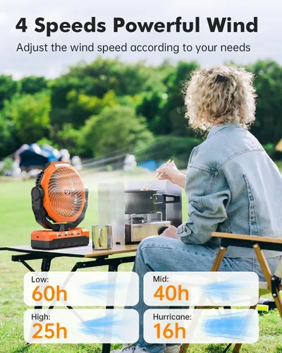 Miniatura 3 de Ventilador de camping 3 en 1 - Ventilador recargable con batería desmontable y gancho con luz para tienda de campaña, al aire libre - Ventilador