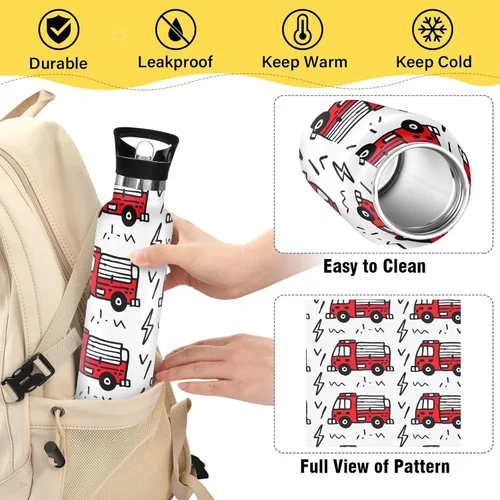 Miniatura 4 de Kids Water Bottle with Straw for School 20 Oz, Kids Water Bottle Stainless Steel for Travel or School, BPA-Free, Cartoon Fire Trucks