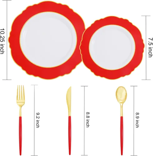 Miniatura 3 de WDF 30Guest - Platos de plástico rojo – cubiertos de plástico dorado con mango rojo – platos rojos desechables – Vajilla barroca de plástico