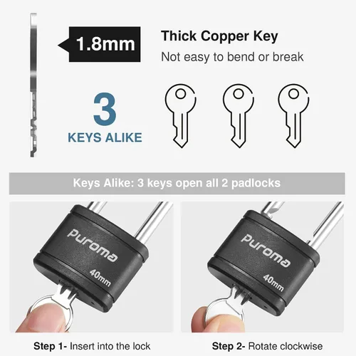 Miniatura 6 de Puroma Paquete de 2 Candados con Llave de 3 Claves, Cerradura de 2.5 Pulgadas (63.5mm) de Alta Resistencia para Puerta, Valla, Cerrojo de Armario