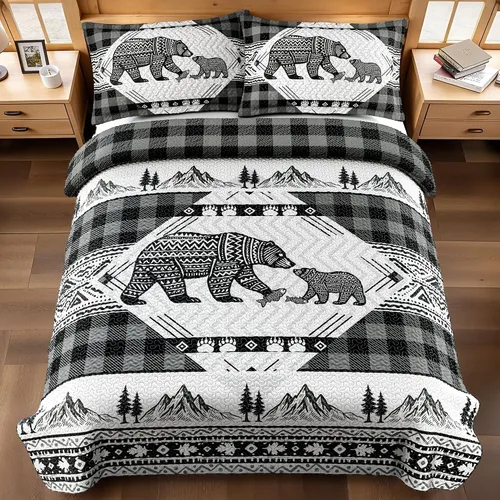 Miniatura 18 de Juego de 3 piezas de colcha tamaño King para cabaña, reversible, navideño, rústico, de microfibra, suave, ligera, de granja, con 2 fundas de 2-Oso
