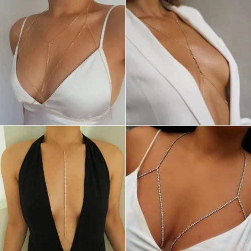 Miniatura 4 de 8 cadenas para el cuerpo para mujeres y niñas, sujetador de cadena de pecho, diamantes de imitación, joyería para el cuerpo, bikini, accesorios
