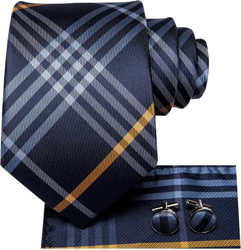 Miniatura 298 de Hi-Tie Corbata clásica de cachemira para hombre con pañuelo y gemelos a cuadros