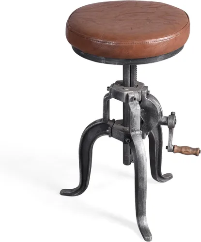 Miniatura 4 de Topower Taburete de manivela industrial antiguo de hierro fundido Silla de tres patas Taburete de bar de cuero PU