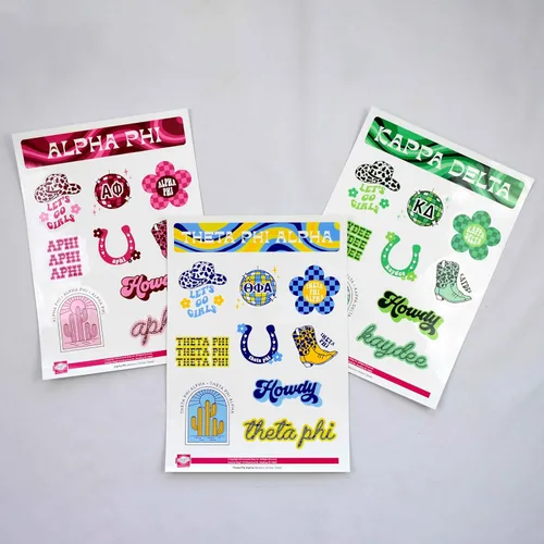 Miniatura 7 de Chi Omega - Hoja de calcomanías de vinilo de diseño occidental con diseños oficiales, adhesivo extraíble, 10 calcomanías por hoja, por Sorority Shop