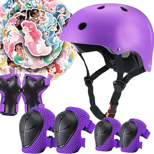 Miniatura 11 de Juego de casco de bicicleta para niños, certificado CPSC con rodilleras, coderas, muñequeras, casco negro ajustable para niñas de 2-3-5-8 años