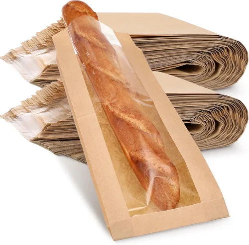 Thenshop 100 bolsas de pan de papel con ventana para bolsas de pan caseras, bolsas de almacenamiento de pan de papel kraft marrón, embalaje largo de