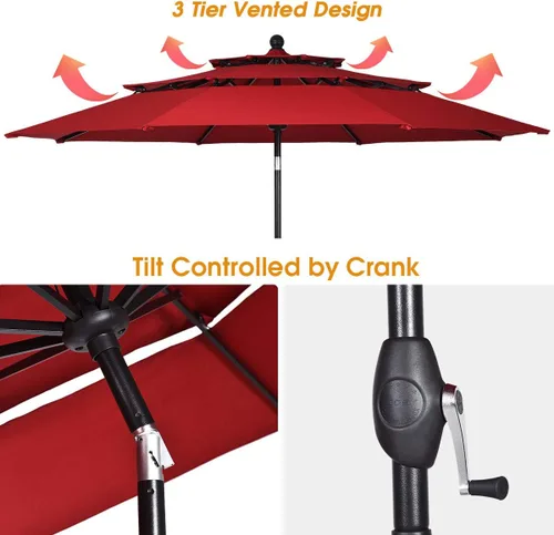 Miniatura 7 de Tangkula Sombrilla de patio de 3 niveles de 10 pies, sombrilla de aluminio con doble ventilación para exteriores, con manivela, para mercado, patio