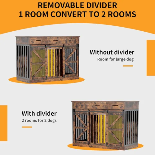 Miniatura 3 de kepptory Caja grande para perros de 48 pulgadas con 3 cajones de almacenamiento, perrera de madera con divisor removible, mesa auxiliar de perrera