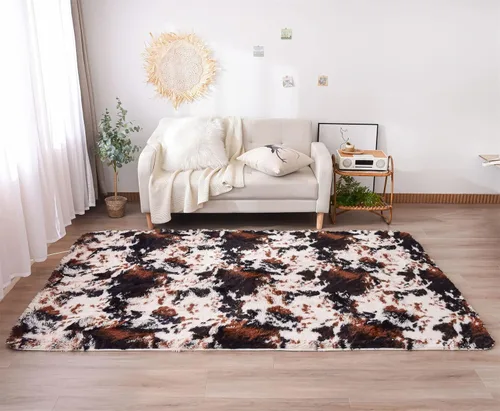 Aimuan Alfombra de área con estampado de vaca, bonita alfombra de piel de vaca sintética, súper suave, alfombra de teñido anudado para sala de