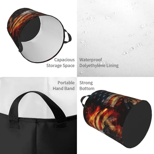 Miniatura 4 de American Flag Fire Eagle print Circular Hamper Waterproof Storage Bin Organizer Basket Laundry Hamper With Handles For Clothes Toys Small