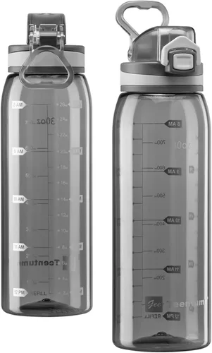 Botella de agua deportiva de 30 onzas con marcadores de tiempo, botella grande y duradera de plástico para gimnasio, Tritan sin BPA, transparente,