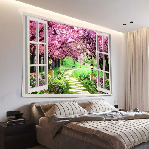 Miniatura 4 de Tapiz japonés de flores de cerezo para ventana, camino de bosque de árboles, flores rosas, botánico, floral, paisaje natural, estético para sala