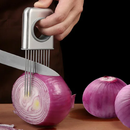 Miniatura 3 de Nuevo soporte para rebanar cebolla, soporte de cebolla de acero inoxidable para cortar verduras cortador de papa y tomate, herramienta asistente