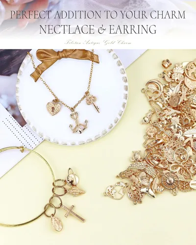 Miniatura 5 de 100 piezas al por mayor de lotes a granel para hacer joyas, dijes mezclados de aleación de oro KC dorado para collares, pulseras, fabricación