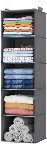 Lifewit Organizador de armario colgante de 5 niveles y almacenamiento para estantes, estante de ropa plegable con 2 ganchos resistentes, Gris