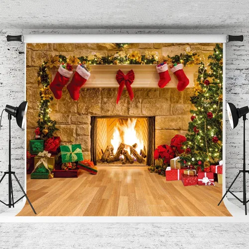 Miniatura 2 de Telón de Fondo de Fotografía Navideña de 8X8 Pies Decoración de Chimenea Fondos de Estudio Decoraciones de Árbol y Calcetín para Suministros