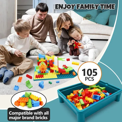 Miniatura 4 de Mesa de actividades para niños de doble cara con almacenamiento, mesa multiactividad todo en uno, 105 piezas de bloques de construcción con pista
