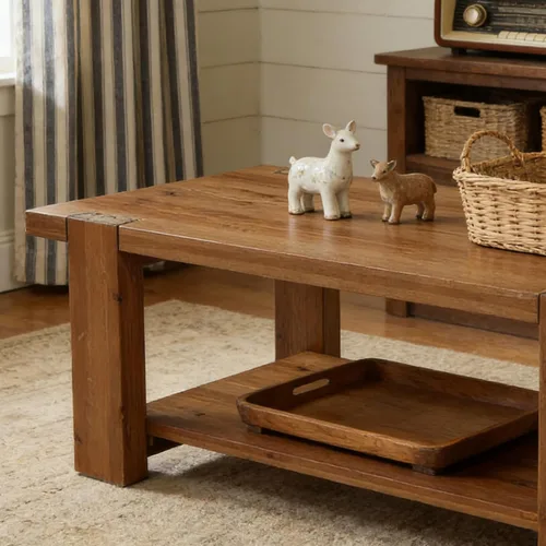 Miniatura 8 de Mesa de centro de madera maciza con estante de almacenamiento de 2 niveles, mesa central rectangular de granja de 47.2 pulgadas para sala de estar