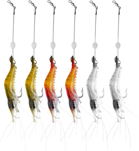 Miniatura 10 de Señuelos de pesca para camarones de silicona artificial, set de cebo suave luminoso Swimbait Señuelo de pesca con ganchos, aparejos de pesca de agua