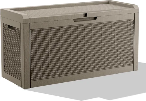 Miniatura 14 de ROJIK Caja de almacenamiento para exteriores, caja de cubierta impermeable de 85 galones, contenedor de almacenamiento exterior de resina resistente