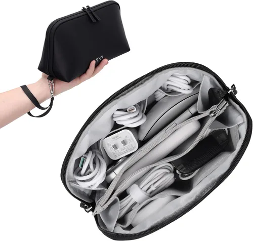 Miniatura 16 de FYY Organizador de cables de viaje, 8 compartimentos, bolsa tecnológica ligera resistente al agua con correa para la muñeca, funda portátil