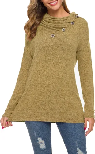 Miniatura 4 de WEACZZY Blusa túnica de manga larga con botones, cuello drapeado, informal, holgada para mujer.