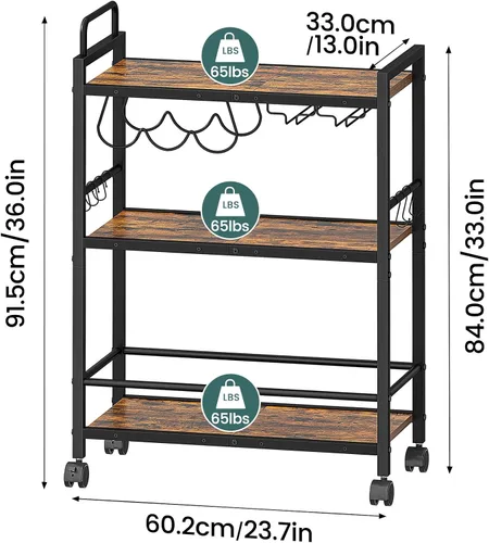 Miniatura 6 de Carrito de bar, carrito de servir para el hogar, carrito de microondas, carrito de bebidas, estante de cocina móvil con estante para vino y soporte
