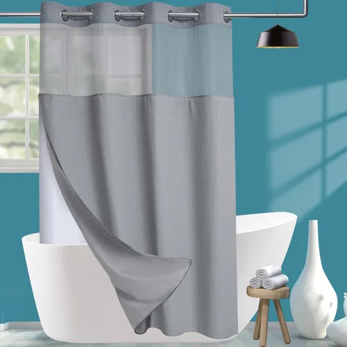 Miniatura 25 de Conbo Mio Cortina de ducha sin ganchos de tela de gofre con forro extraíble, lujosa para hotel, azul oscuro, para baño con ventana transparente