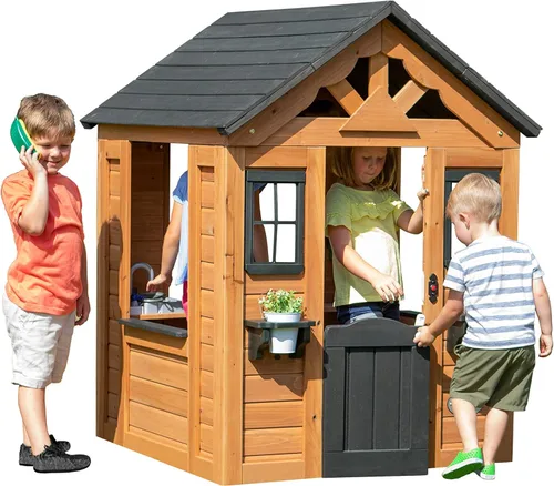 Backyard Discovery Sweetwater Casa de juegos de madera de cedro para niños con cocina de juguete, barra de aperitivos, puerta media, teléfono de
