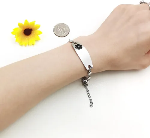 Miniatura 5 de Pulsera de símbolo médico de plata grabada con láser, alerta de salud grabada en forma de corazón, adecuada para primeros auxilios de emergencia