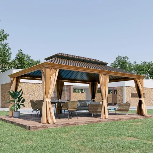 Miniatura 31 de Cenador de techo rígido de 12'x16', Cenador de patio de aluminio para exteriores con toldo de acero galvanizado de doble techo con malla y cortinas