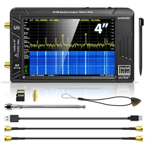 AURSINC Analizador de espectro TinySA Ultra+ ZS406, 4.0 pulgadas, 100 kHz-5.4 GHz, analizador de frecuencia portátil con tarjeta de 32 GB, HW