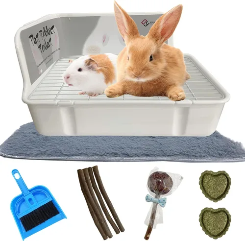 Caja de arena de conejo para jaula de esquina de conejo, inodoro de animales pequeños con recogedor, escoba y juguetes masticables para chinchilla,