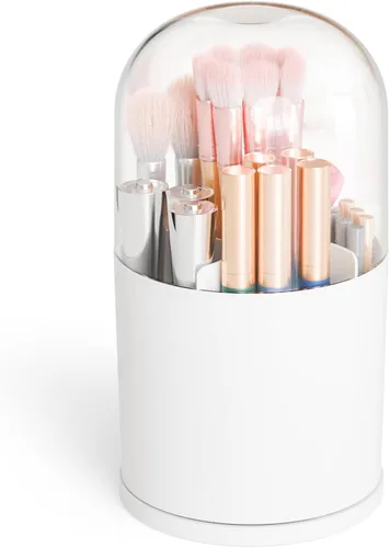 Yieach Soporte giratorio de acrílico para brochas de maquillaje con tapa para tocador, baño, encimera, organizador de brochas de maquillaje Blanco