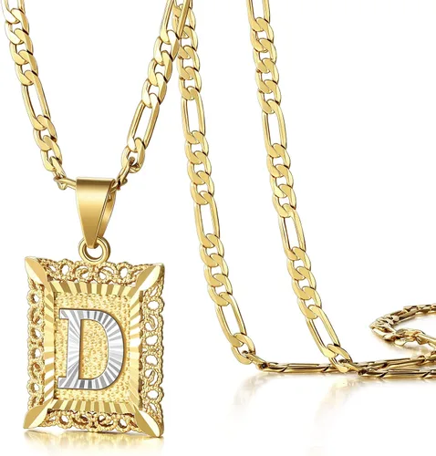 KissYan Initial Letter Pendant Necklace for Mens Womens 18K Gold Plated Square Capital Monogram Necklace Alhpabets from A-Z Figaro Chain Necklace