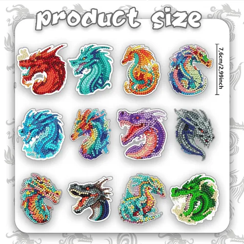 Miniatura 2 de Kit de 12 piezas de llaveros de dragón de diamante DIY, llaveros de diamante de dragón lindos para principiantes, adultos, suministros de arte