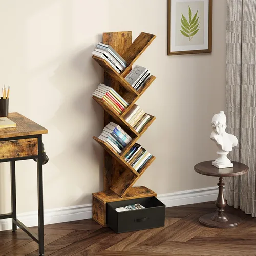 Miniatura 2 de Rolanstar Estantería con cajón, estantería de árbol de 4 estantes, estanterías de madera rack de almacenamiento para CDs/películas/libros