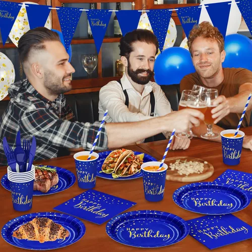 Miniatura 5 de DYLIVeS Paquete de 204 piezas de decoraciones de cumpleaños azules, puntos de aluminio azules y dorados, suministros de fiesta de feliz cumpleaños